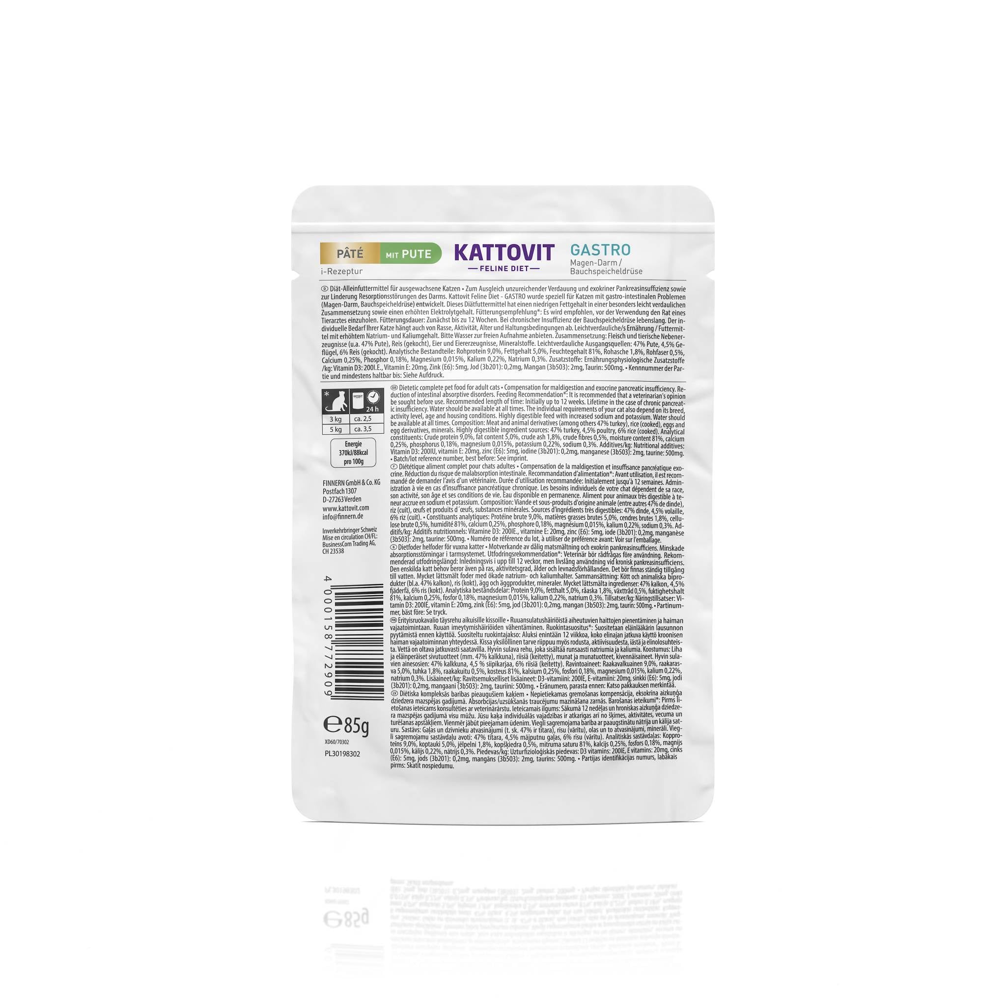Retro della confezione KATTOVIT Gastro Paté Huhn. Busta bianca con testo e codice a barre. Contiene informazioni sugli ingredienti e il valore nutrizionale.