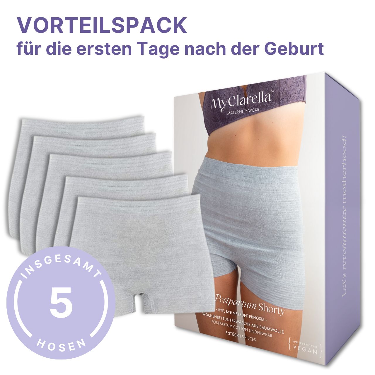 Confezione da 5 shorty post-partum grigio chiaro. Scritta: MyClarella, Postpartum Shorty, biancheria intima usa e getta post-partum.
