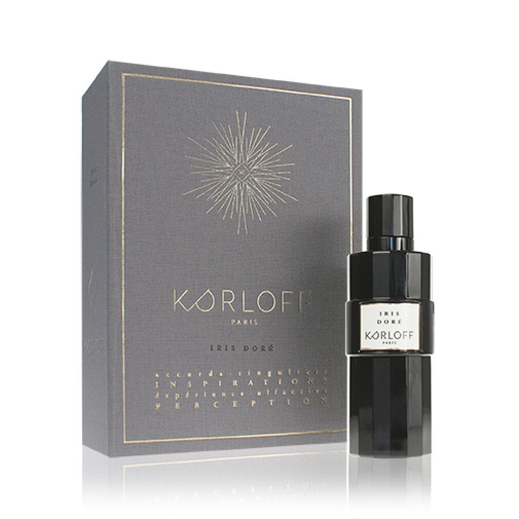 Scatola grigia e flacone nero. Sulla scatola c'è scritto "KORLOFF PARIS" e "IRIS DORE".
