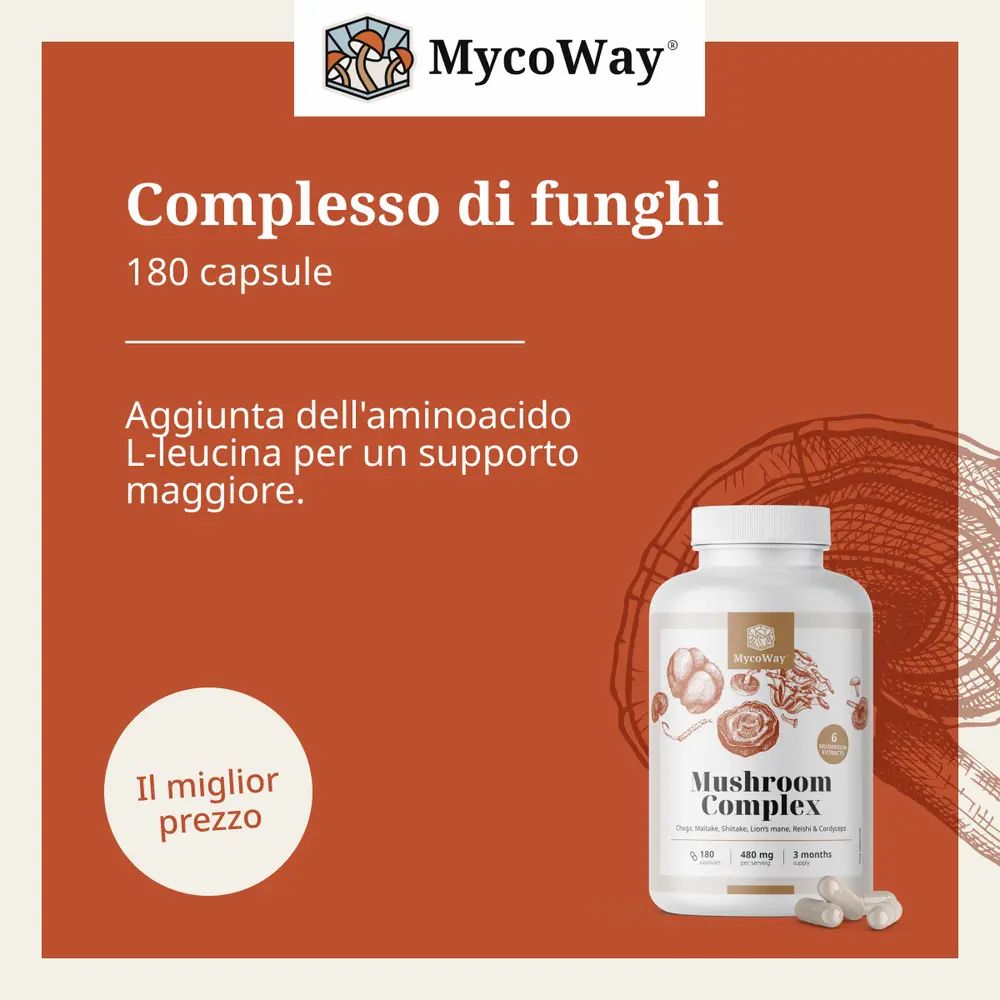 Sfondo marrone con flacone bianco. Scritta: Mushroom Complex. 180 capsule. Contiene L-Leucina.