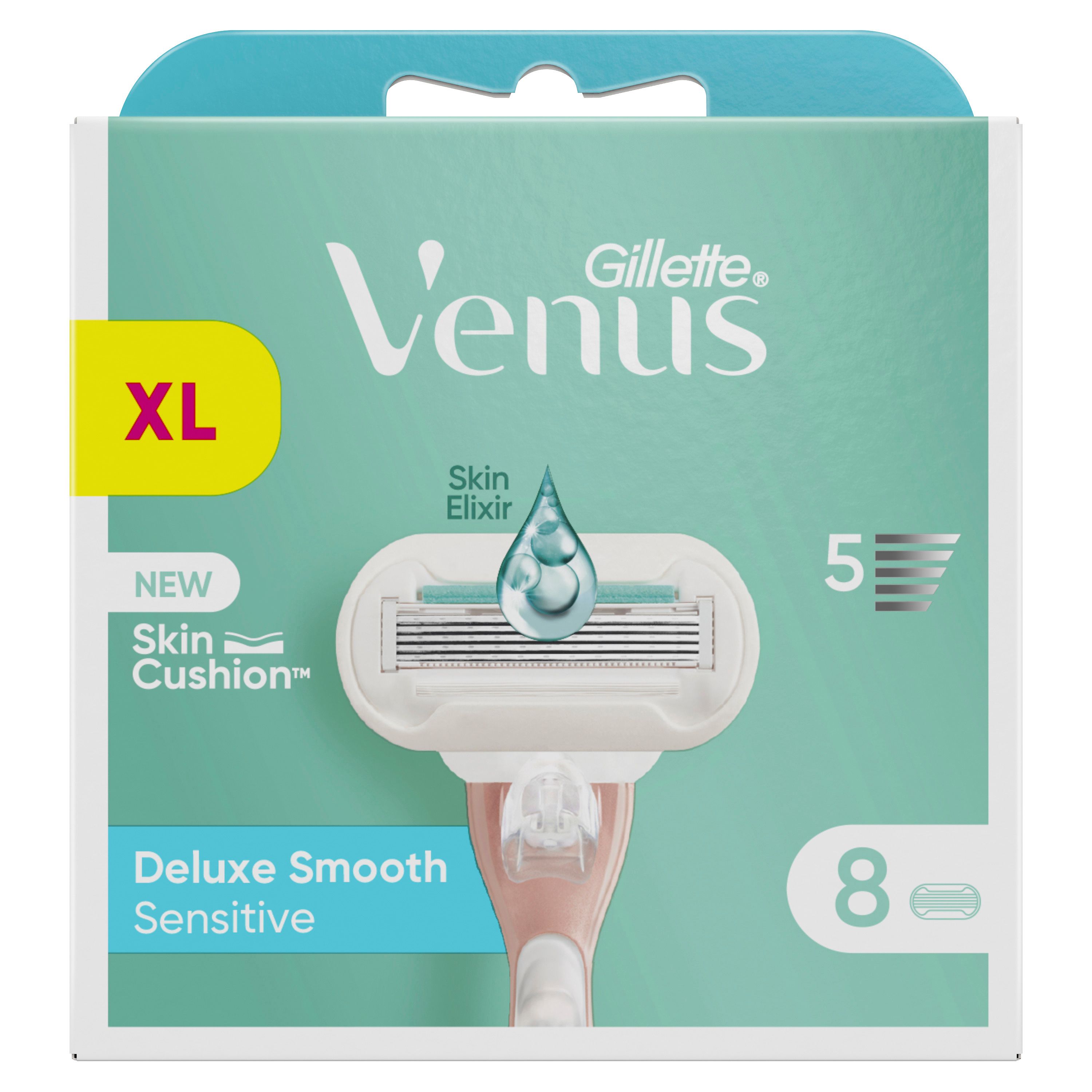 Confezione con rasoio e 8 lamette. Scritta: Gillette Venus Deluxe Smooth Sensitive. Confezione XL.