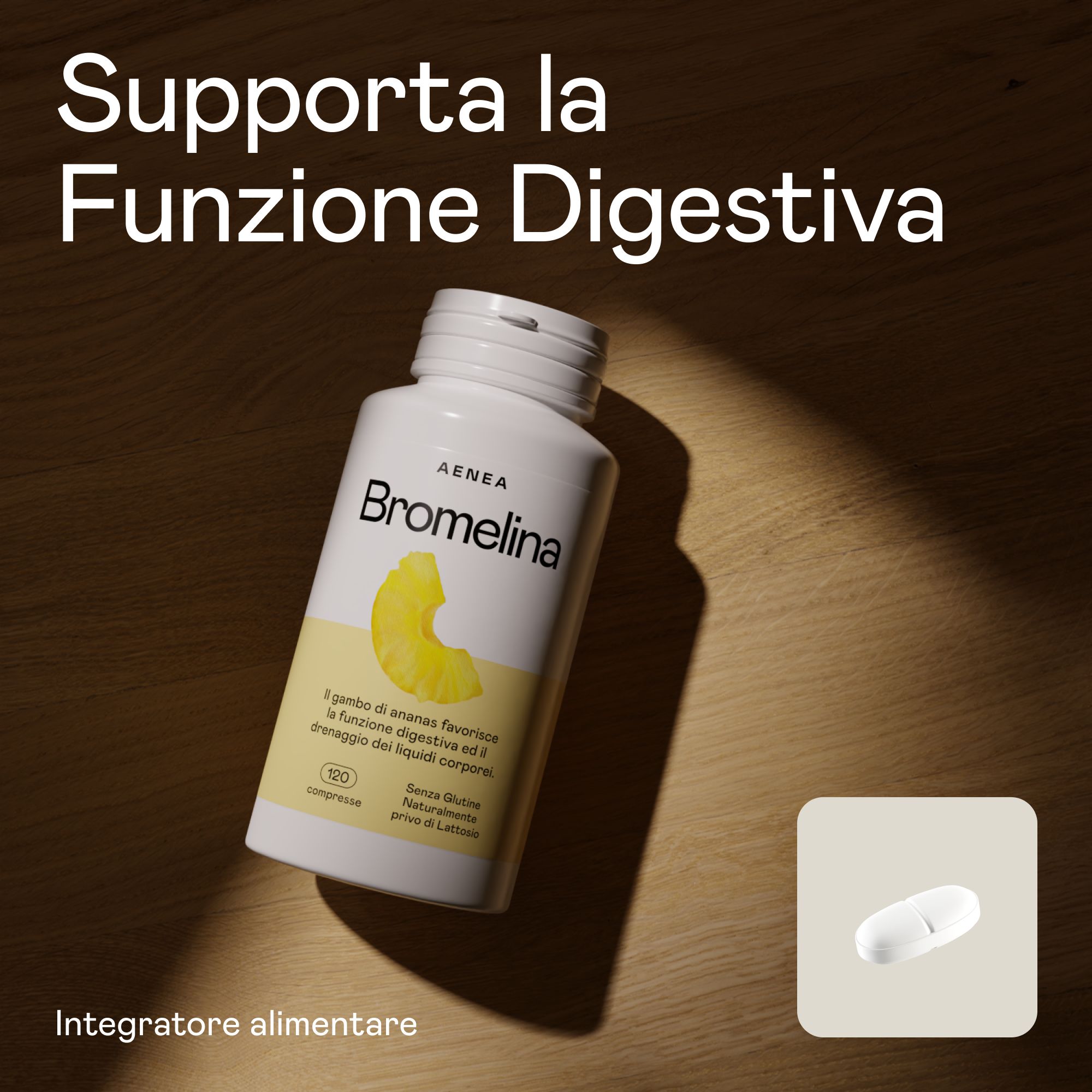 Flacone Aenea Bromelina. Testo: 120 compresse, senza glutine, senza lattosio. Compressa illustrata.