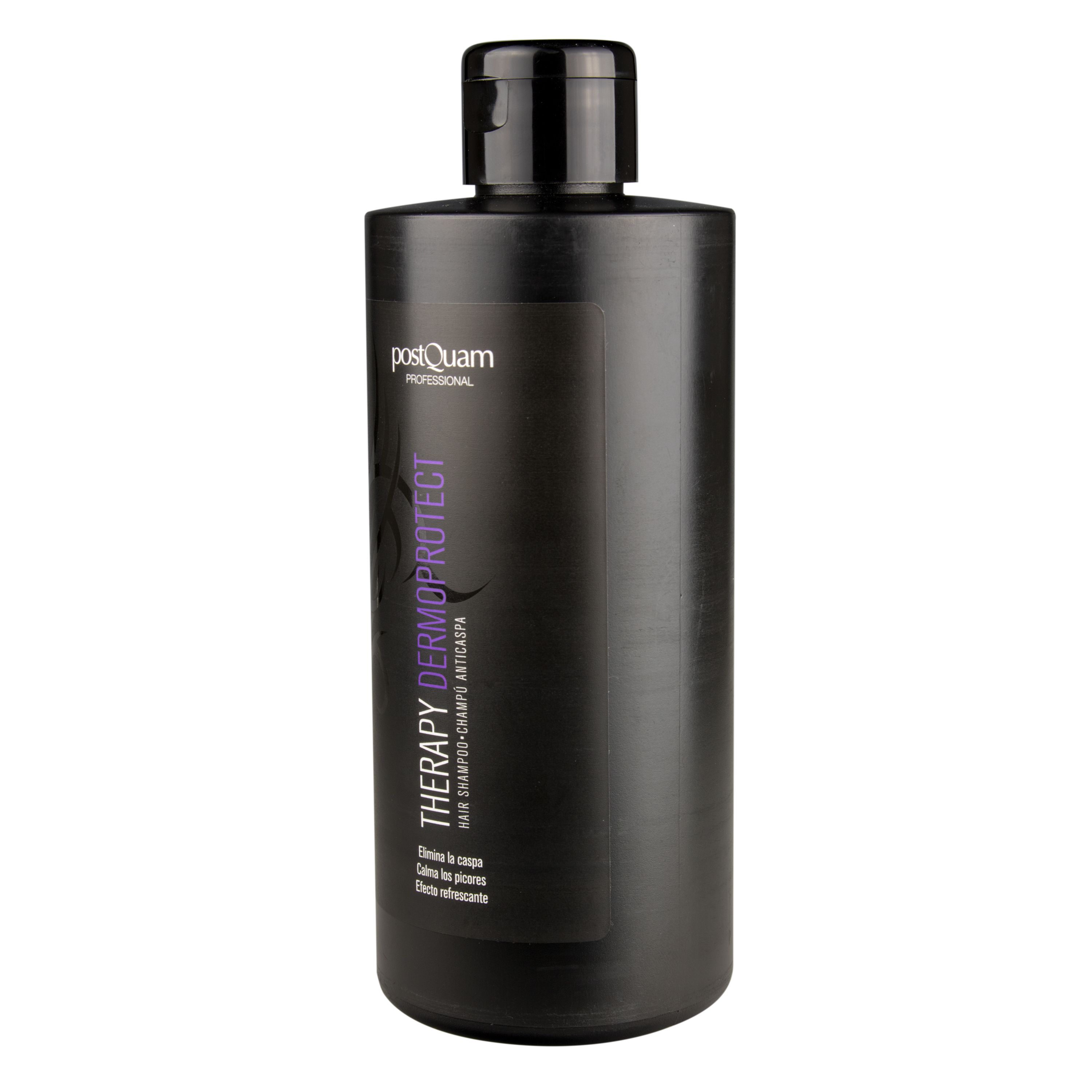 Flacone di shampoo nero con etichetta. Scritta: PostQuam Dermoprotect. Testo: Therapy, Hair Shampoo, Anti-forfora.
