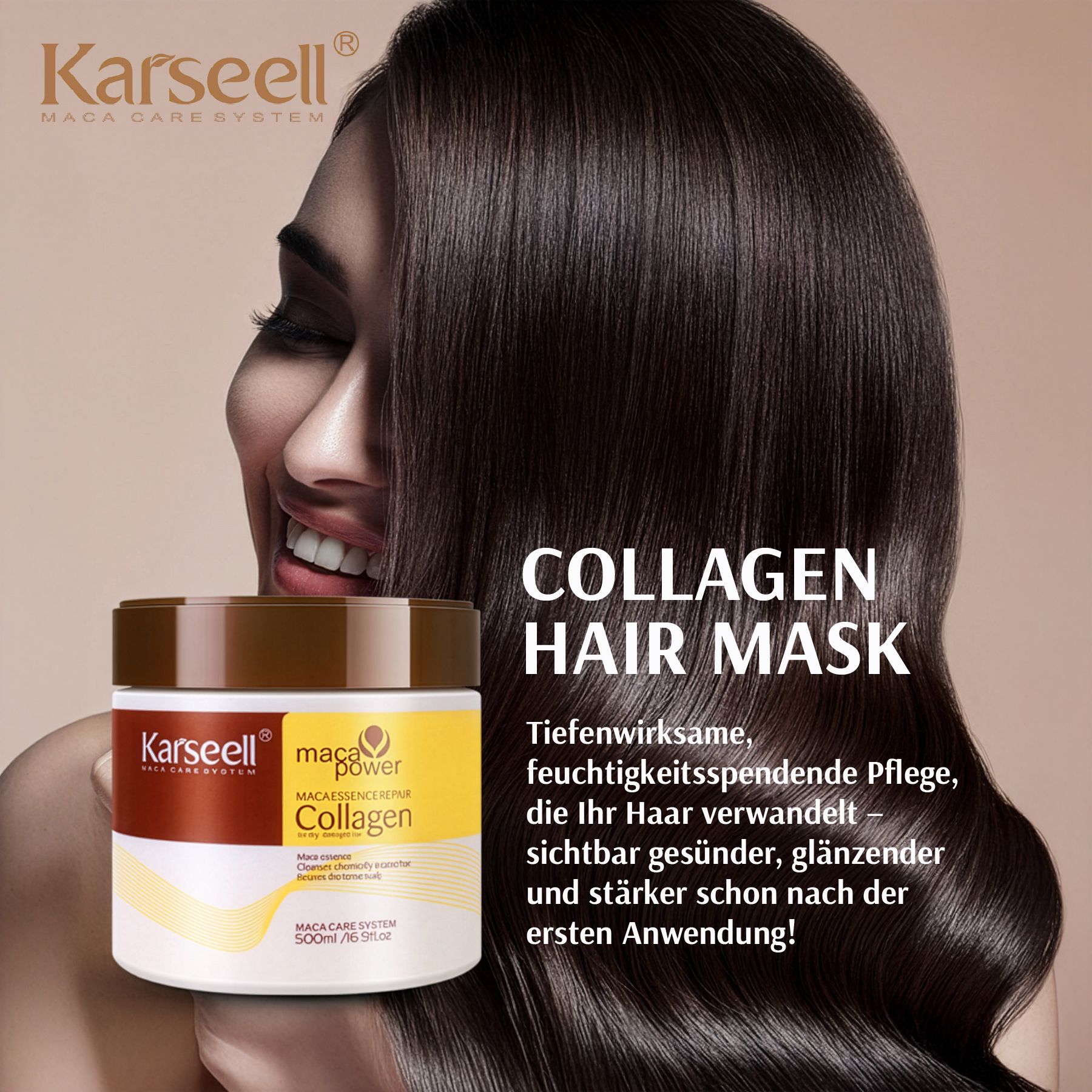 Donna con capelli lucenti. Tiene un vasetto con scritta: Karseell, Maca Power Collagen. Testo: Collagen Hair Mask.