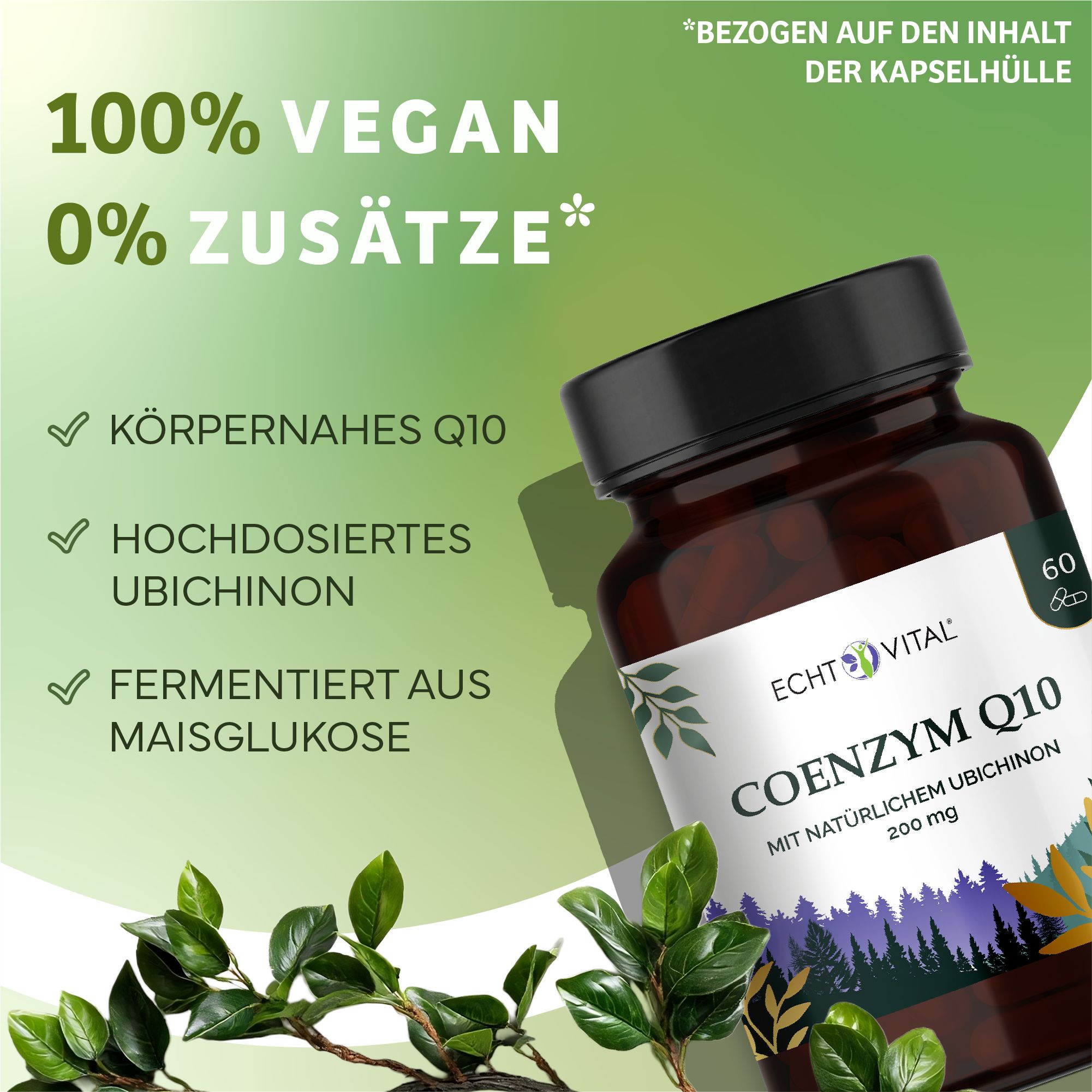 Flacone in vetro marrone con 60 capsule di Coenzima Q10, 200 mg. Vegano, 0% additivi.