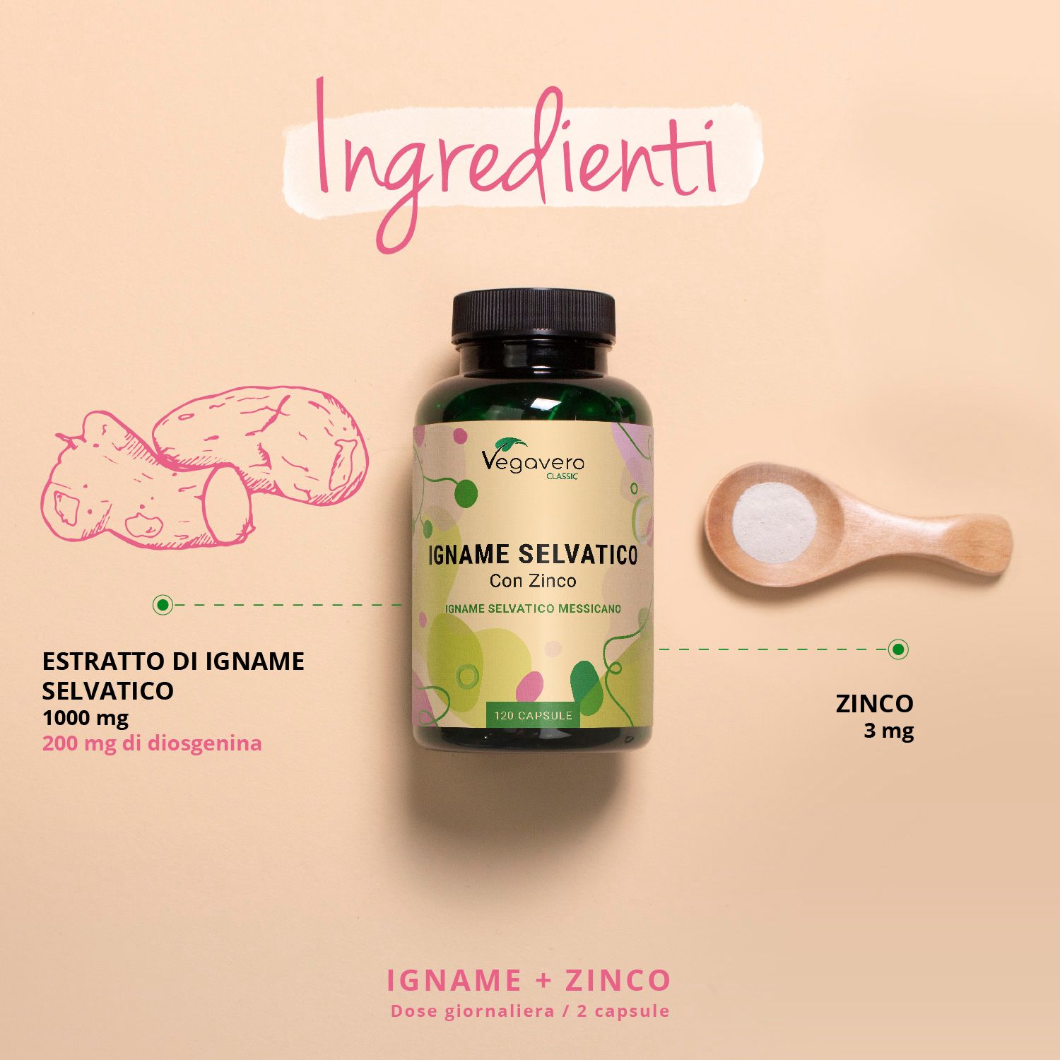 Barattolo Vegavaro Wild Yams + Zink con informazioni su ingredienti e produzione.