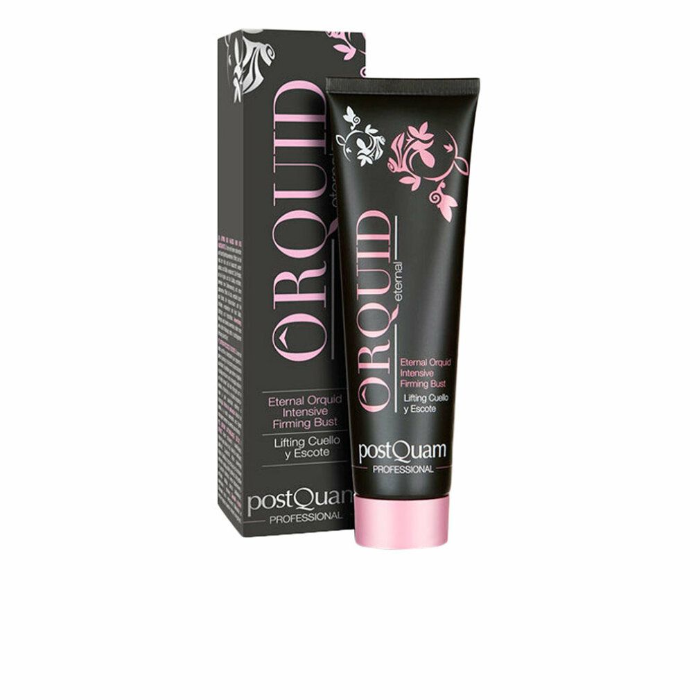 Tubo e scatola neri con nome del prodotto e design floreale. Testo: Eternal Orquid, Intensive Firming Bust, Lifting Cuello y Escote.