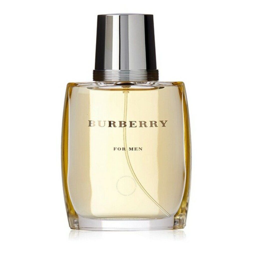 Spray Burberry For Men. Flacone in vetro trasparente con tappo argentato. Scritta Burberry.