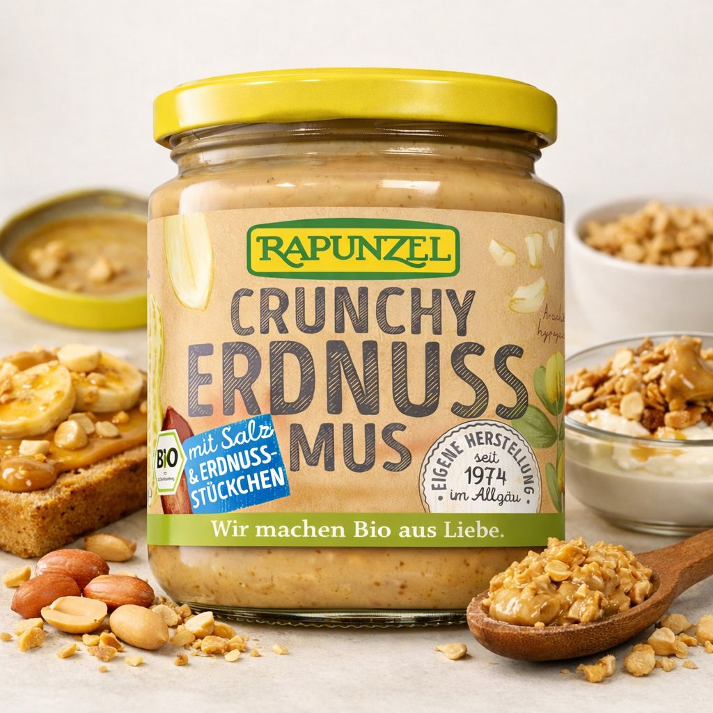 Rapunzel Burro di arachidi Crunchy con sale e pezzetti di arachidi in barattolo. Prodotto biologico.