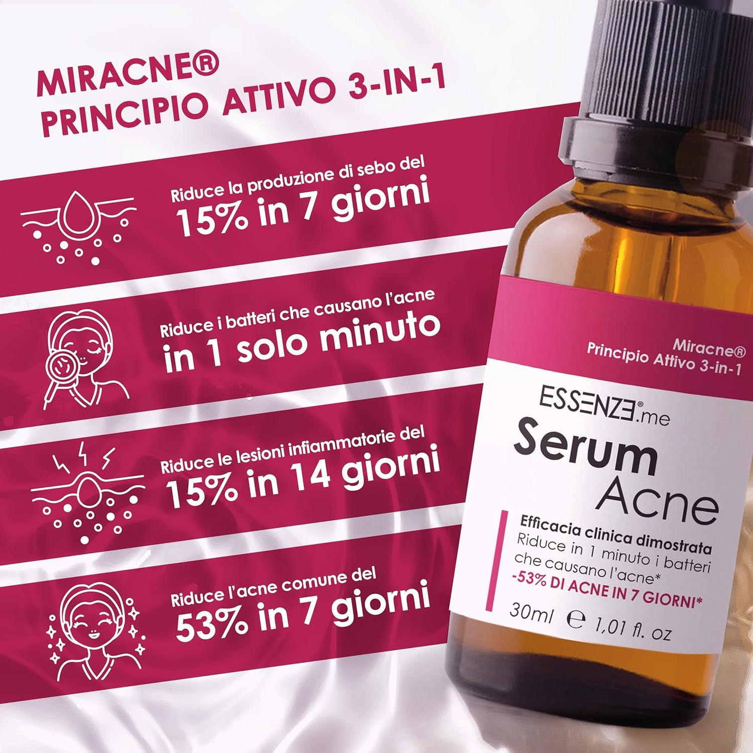 Essenze.me Serum Acne Siero Viso per Brufoli e Imperfezioni, Pelle Impura e a Tendenza Acneica 30 ml