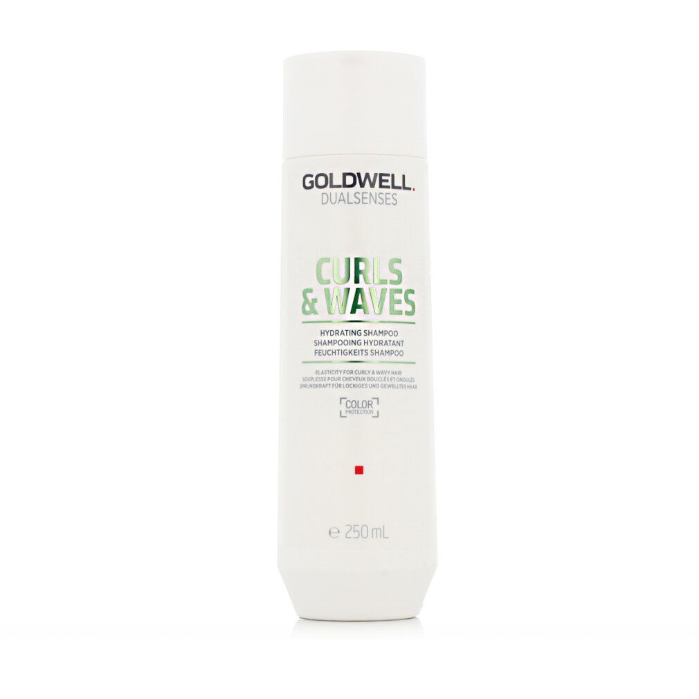 Shampoo Goldwell Dualsenses Curls & Waves. Flacone bianco, testo verde. Contiene 250ml. Logo Color Protection.