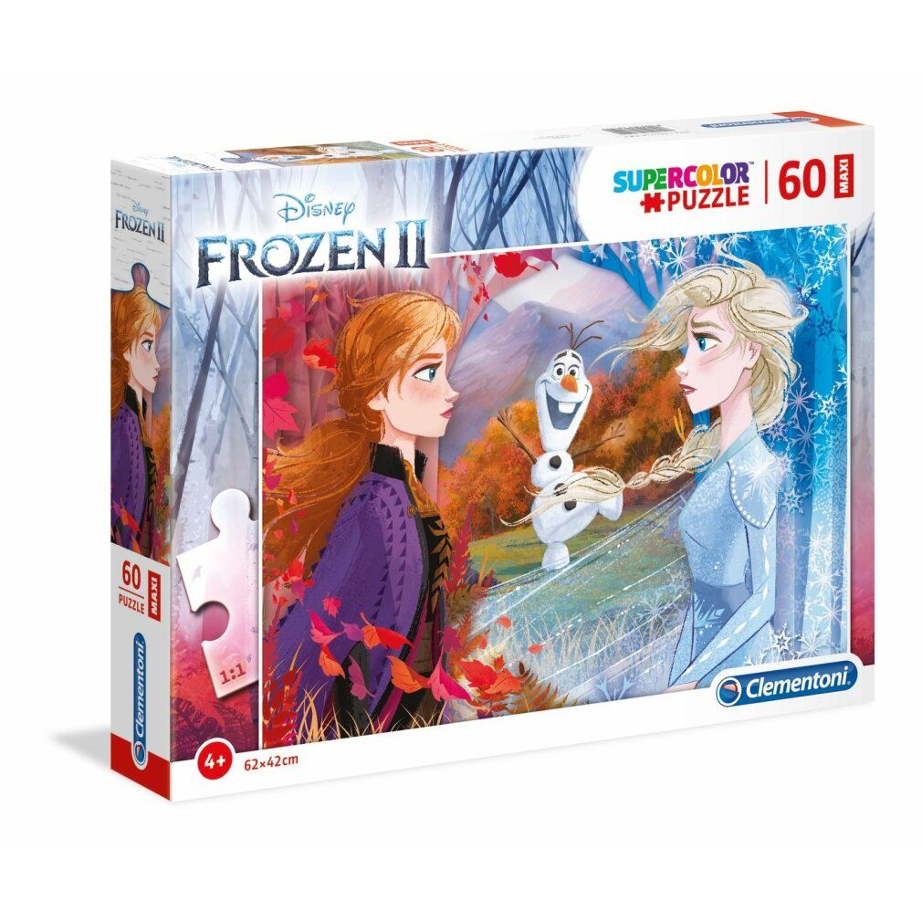 Scatola puzzle Frozen. Contiene 60 pezzi. Marchio Clementoni. Illustrazione di Anna, Elsa e Olaf. Consigliato per bambini dai 4 anni in su.