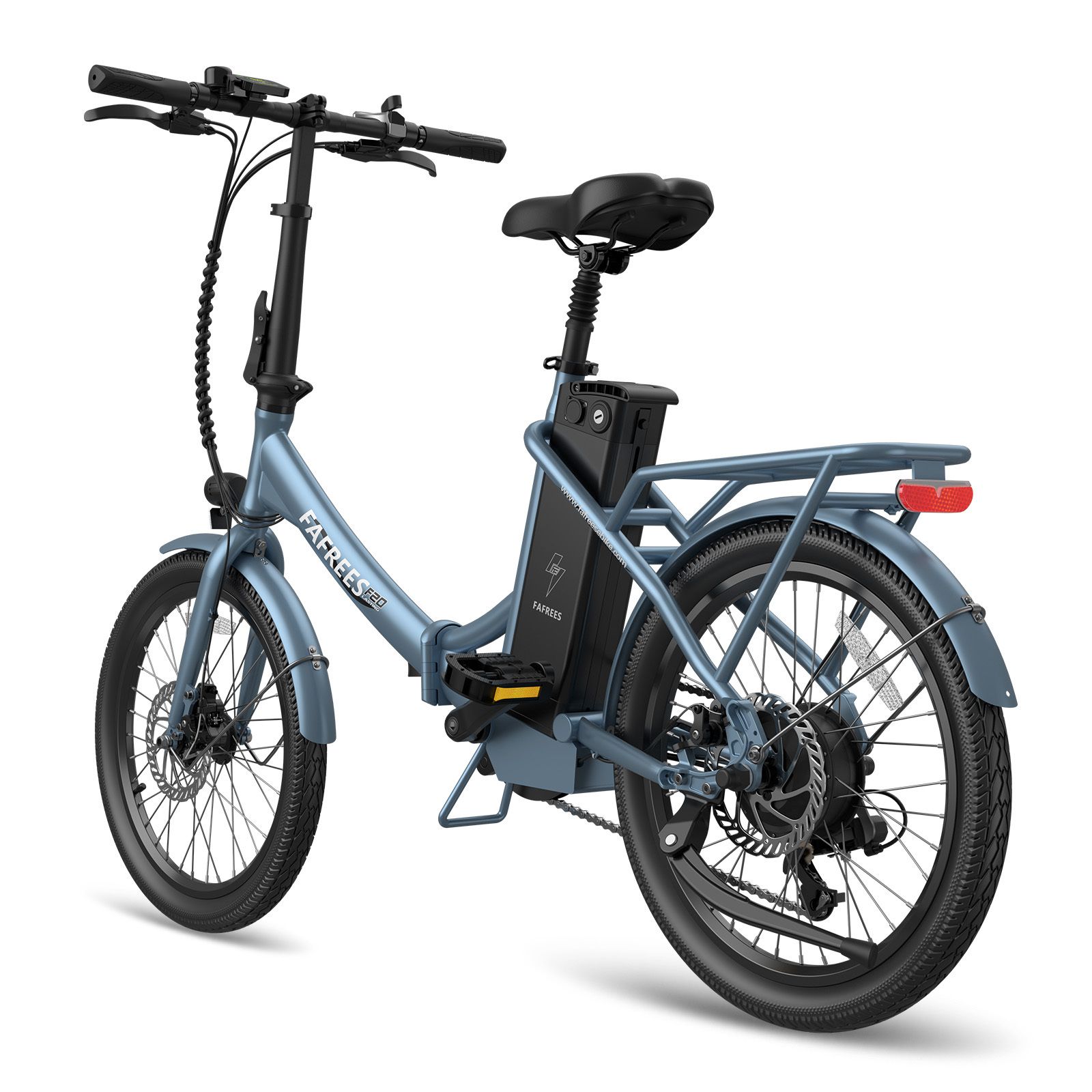 E-bike Fafrees F20 blu. Telaio pieghevole, portapacchi, freni a disco. Batteria sul telaio. Pneumatici e sella neri.