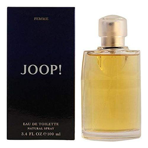 Flacone e confezione Joop!. Flacone con liquido dorato. Confezione blu-nera. Scritta "JOOP!".