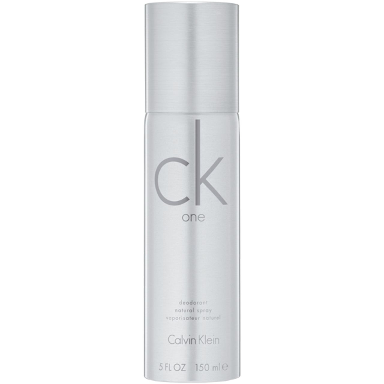 Flacone spray deodorante argento Calvin Klein. Scritta 'ck one' e '5 FL OZ 150 ml'.