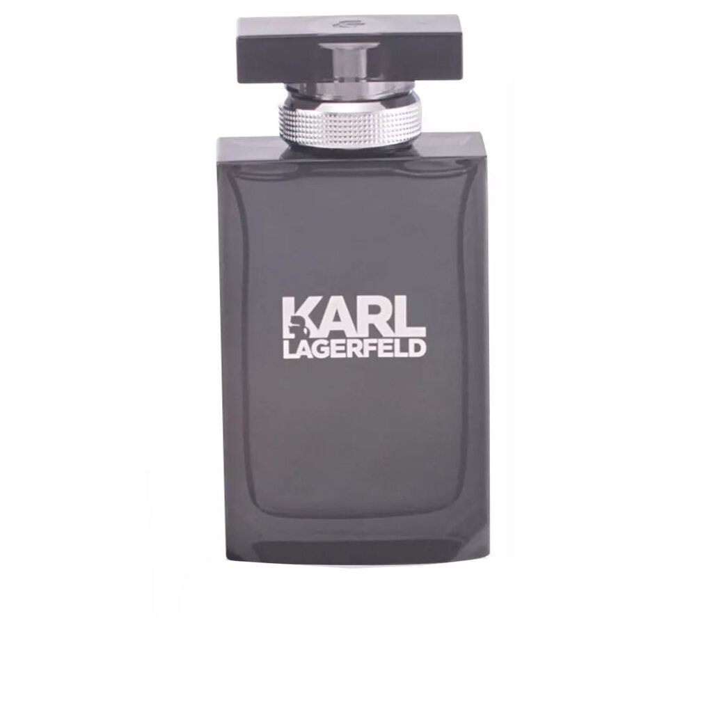 Flacone nero di Karl Lagerfeld Pour Homme Eau De Toilette. Tappo argentato e logo del marchio.