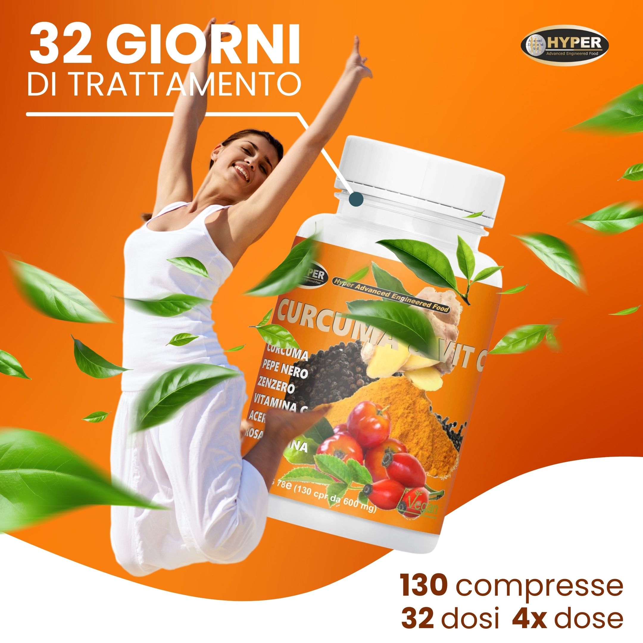 Donna che salta vicino al flacone di compresse. Testo: Curcuma & Vit C. 130 compresse, 32 dosi.