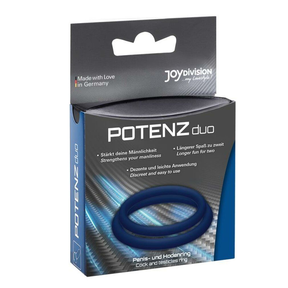 Confezione con due anelli blu per il pene. Scritta: POTENZduo, joyDivision. Prodotto in Germania.