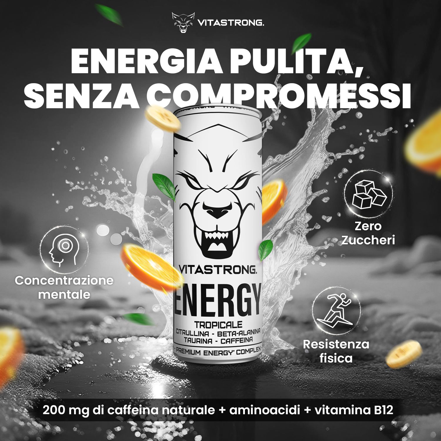 Lattina bianca con volto di lupo. Testo: ENERGY TROPICAL. Elementi grafici: arance, banane, acqua. Aggiunte: concentrazione, resistenza.
