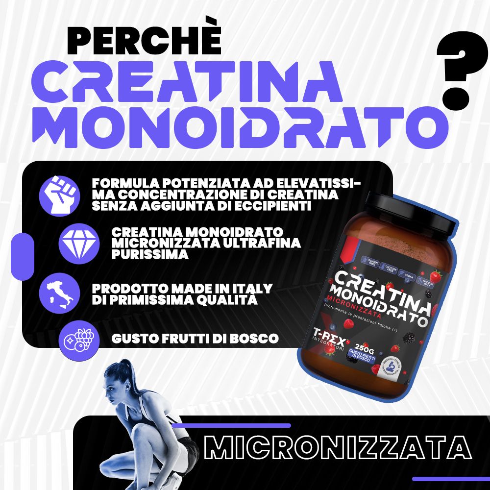 Creatina Monoidrato Micronizzata, 250g. Gusto frutti di bosco. Donna che si allena. Testo in italiano.