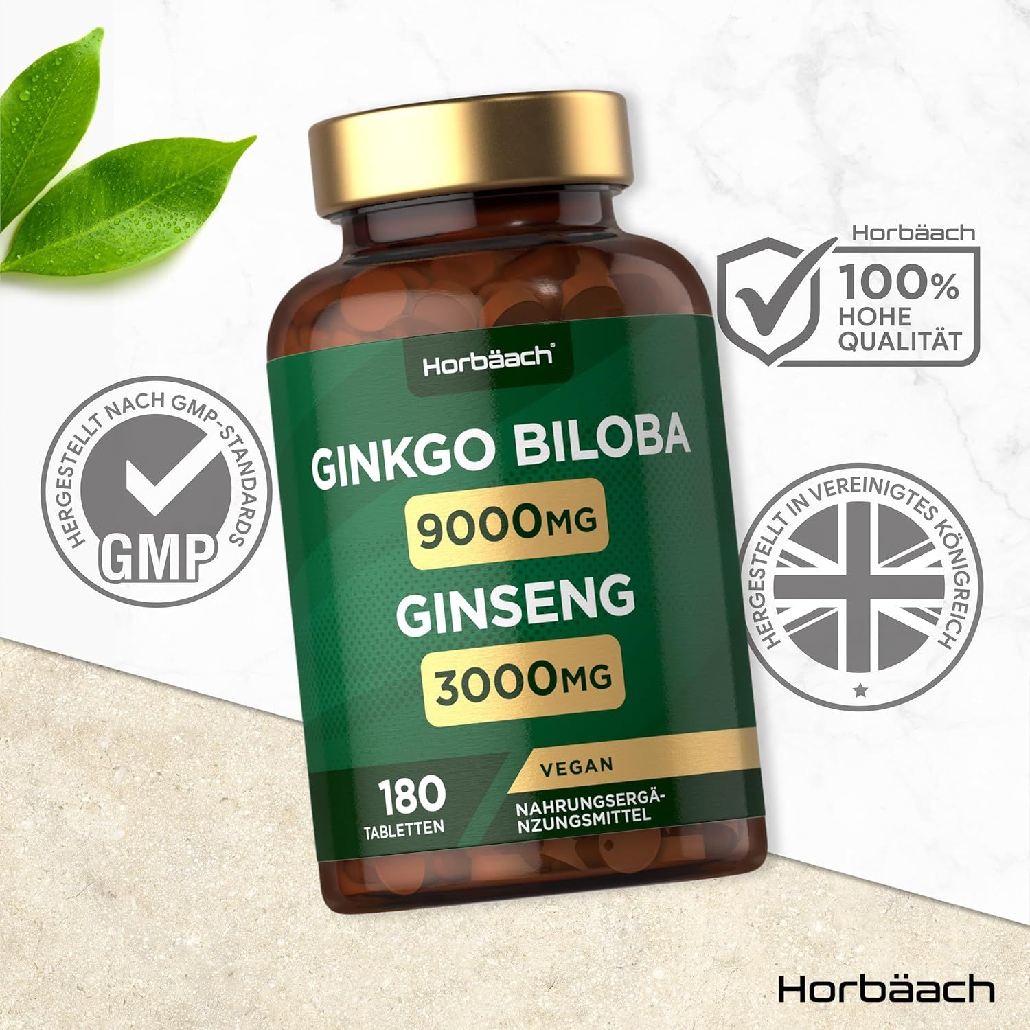 Flacone marrone con testo verde. Contiene compresse di Ginkgo Biloba e Ginseng. 180 compresse. Certificato GMP.