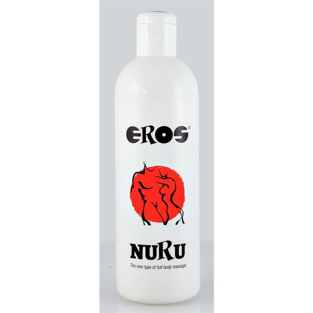 Flacone bianco con logo nero "EROS", cerchio rosso con figure e scritta "NURU". Testo: "The new type of full body massage".