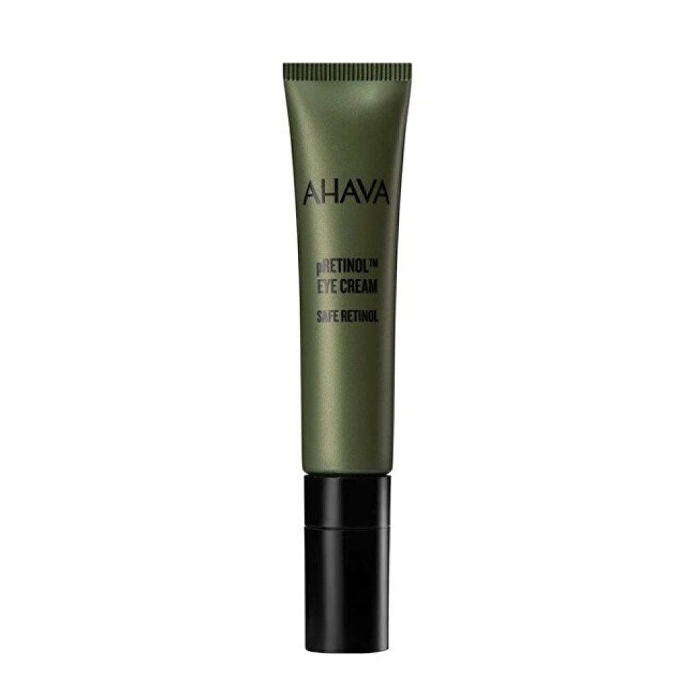 Tubo verde con tappo nero. Scritta: AHAVA pREtinol EYE CREAM SAFE RETINOL.