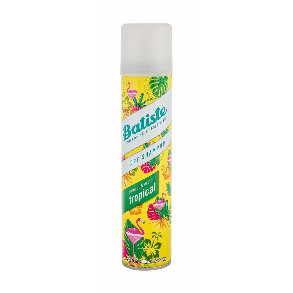 Bomboletta spray gialla con tappo bianco. Scritta "Batiste Dry Shampoo Tropical". Decorazioni con fenicotteri e foglie.