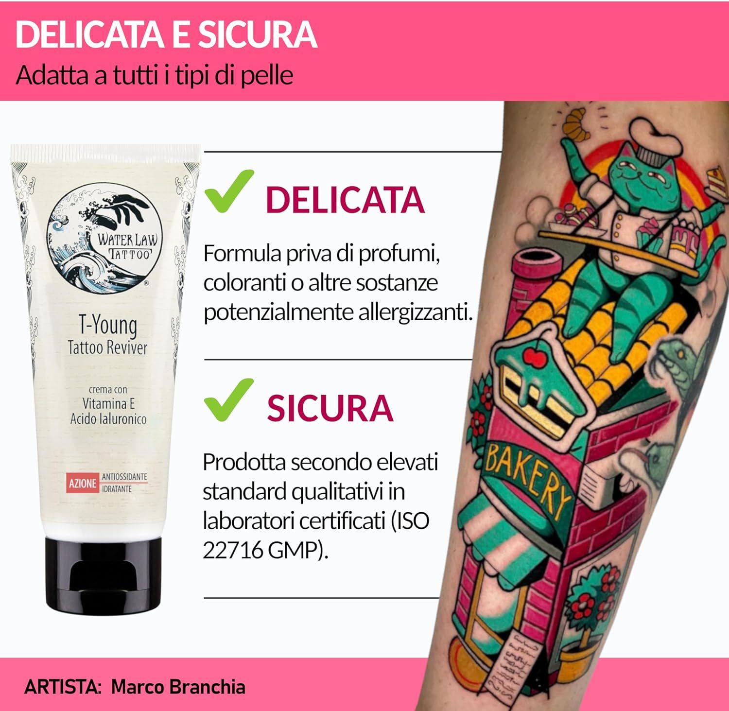 Tubo di crema accanto a un braccio tatuato. Testo: Adatto a tutti i tipi di pelle. Scritta: Water Law Tattoo, T-Young Tattoo Reviver. ISO 22716 GMP.