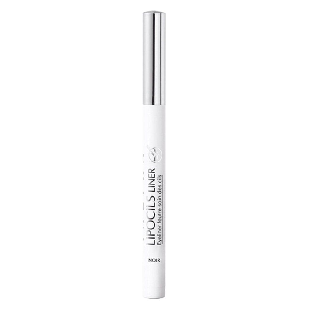 Eyeliner nero a punta fine. Penna bianca con cappuccio argentato. Scritta: LIPOCILS LINER, NOIR.