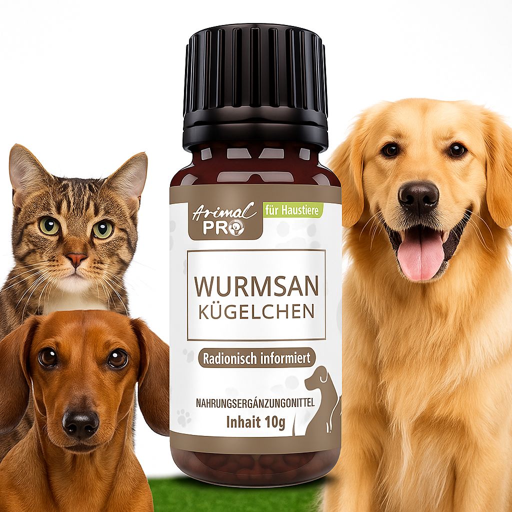 Una bottiglia marrone con tappo nero. L'etichetta dice "Animal Pro Wurmsan Kügelchen". Gatto e cani.