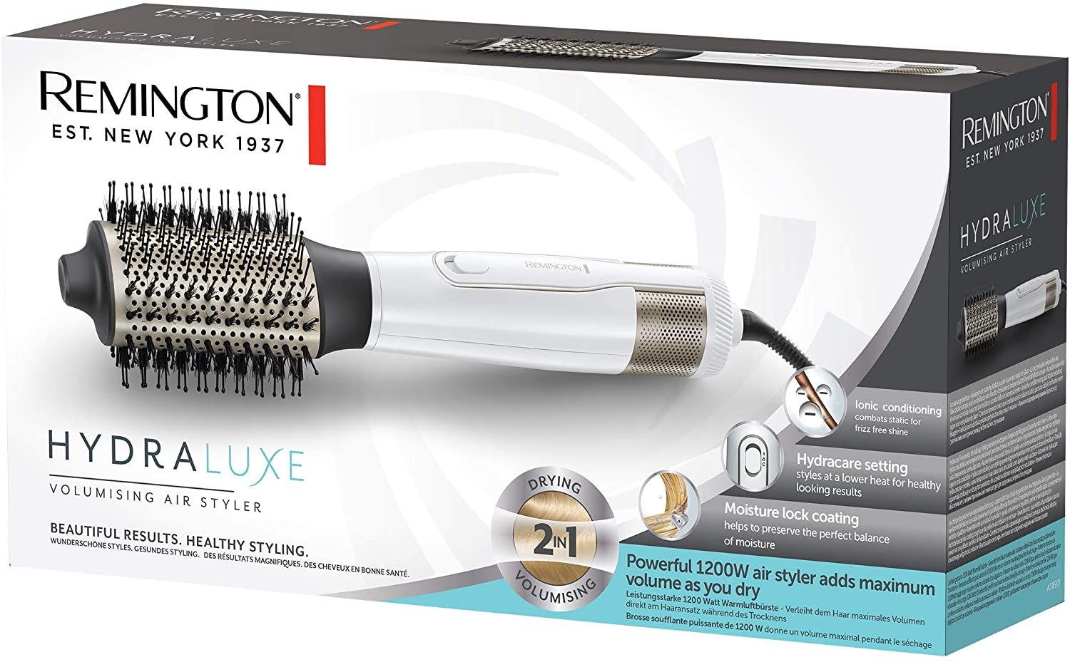 Confezione del prodotto con spazzola ad aria calda. Spazzola bianca e dorata, marchio Remington. Testo: Hydra Luxe, 2-in-1 Asciugatura e Volume.