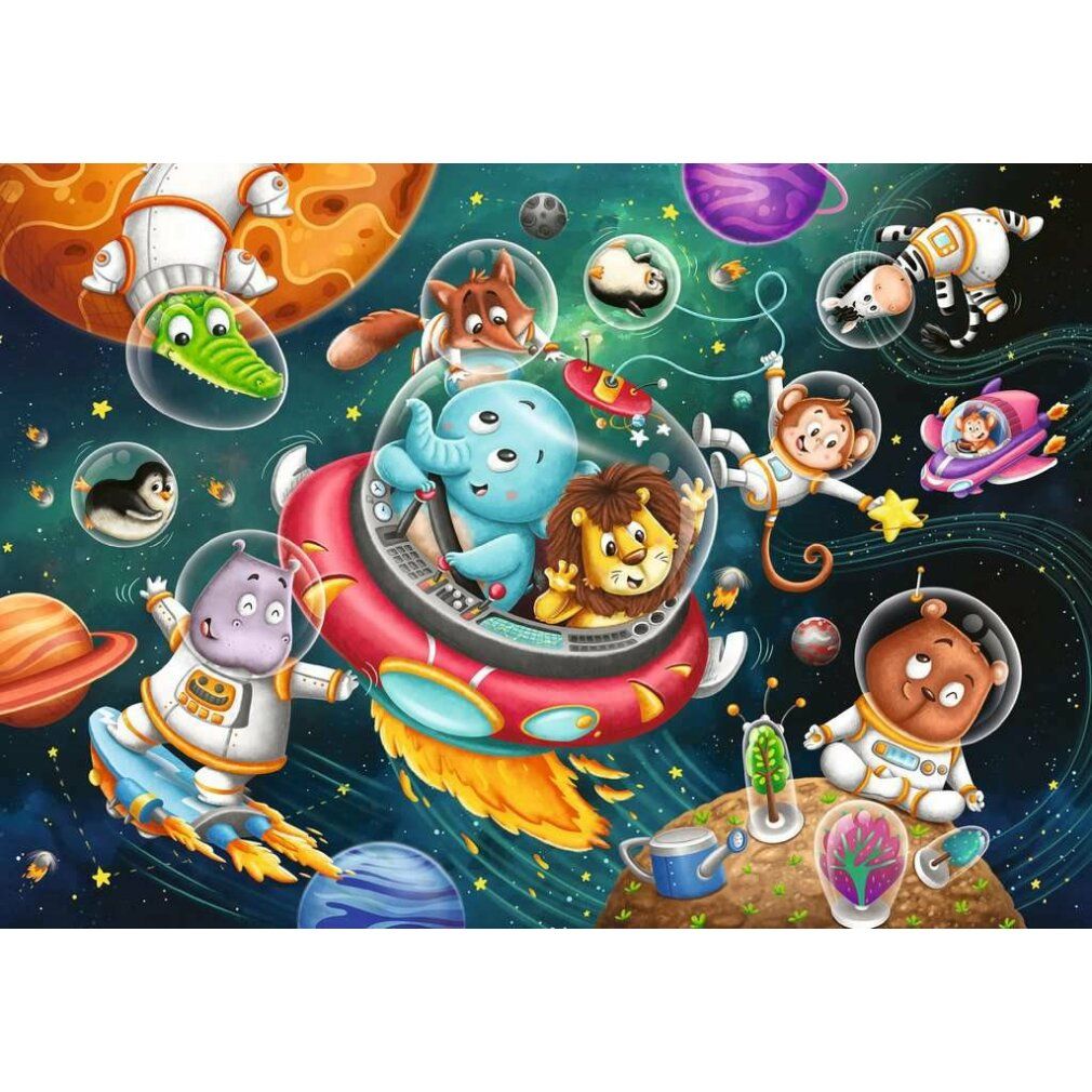Puzzle con motivo spaziale. Animali in navicelle spaziali e tute spaziali. Stelle, pianeti e un astronauta coccodrillo verde.