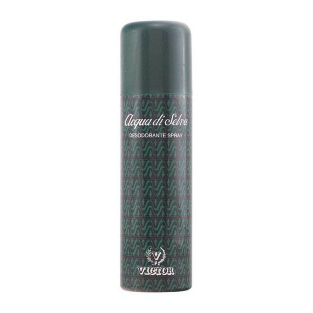 Spray deodorante. Motivo verde e nero. Scritta: Acqua di Selva, Desodorante Spray, Victor. Forma cilindrica.