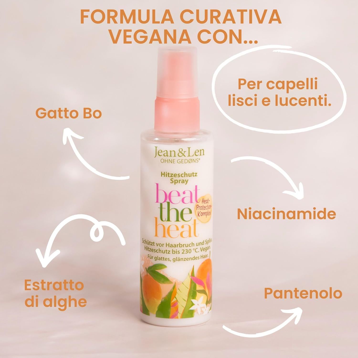 Spray protettivo dal calore con testo: Jean & Len, beat the heat. Frecce indicano ingredienti: Gatto Bo, estratto di alghe, Niacinamide, Pantenolo.