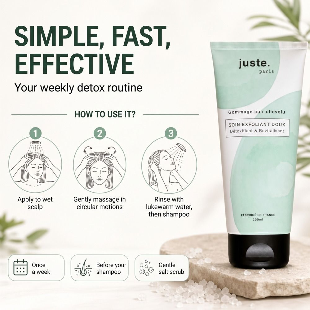 Tubo verde 'juste. paris soin exfoliant doux' con icone per ingredienti e benefici.