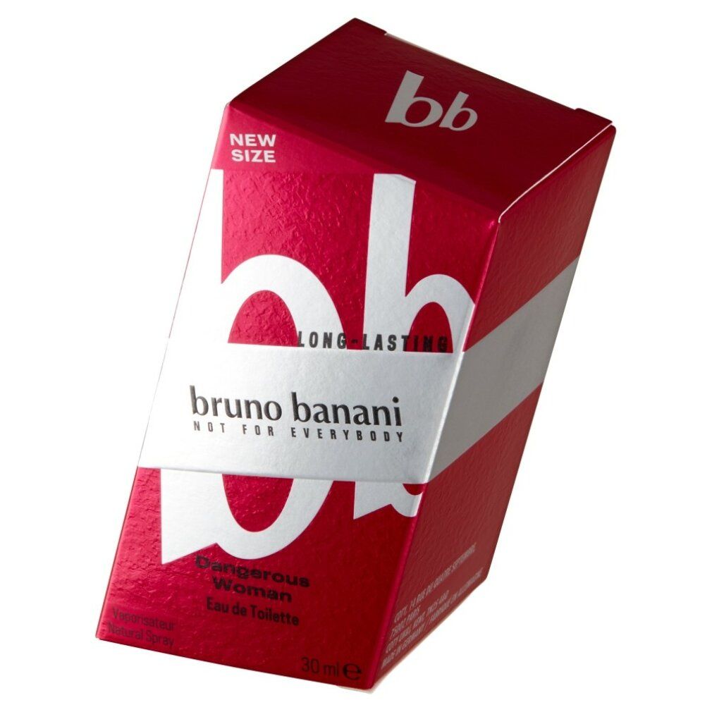 Scatola rossa, fascia bianca, logo 'bb', scritta 'Bruno Banani', 'Dangerous Woman'.