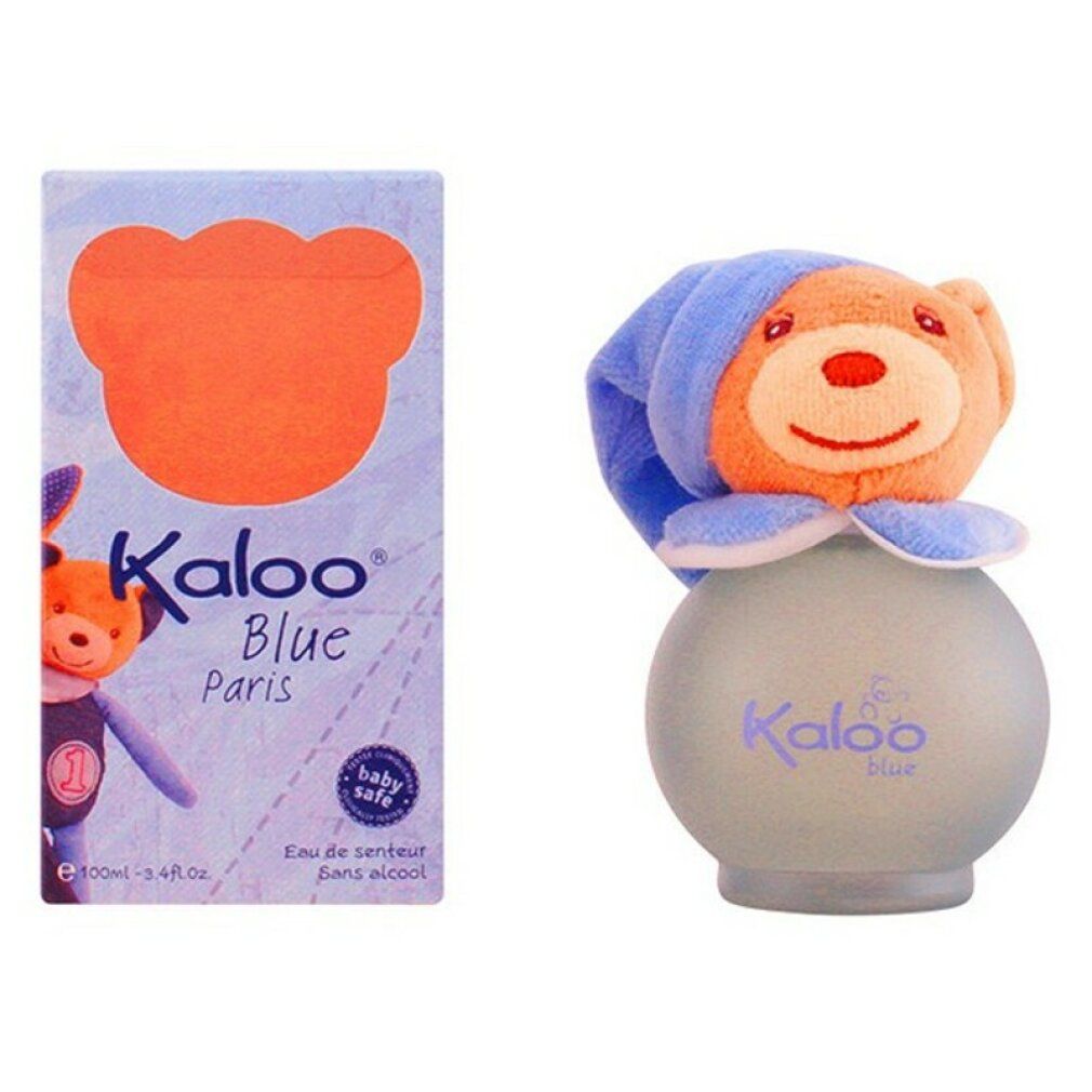 Flacone di profumo con testa di orsetto. Flacone con scritta "Kaloo Blue". Scatola con motivo orsetto e scritta "Kaloo Blue Paris".