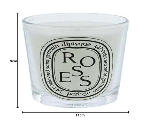 Candela in vetro. Dimensioni: 9x11cm. Cera bianca, etichetta nera con "Roses" e "Diptyque".