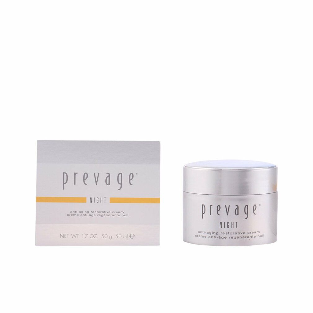 Vaso di crema e scatola. Scritta: Prevage Night. Crema anti-età rigenerante notte. Netto: 1.7 OZ. 50 g 50 ml.