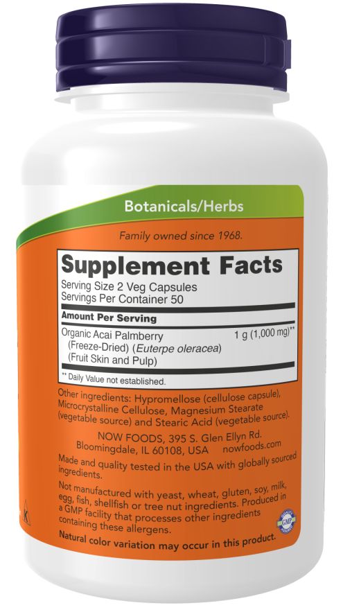 Retro del flacone. Etichetta arancione con testo: "Supplement Facts", ingredienti, informazioni produttore e marchi di qualità.