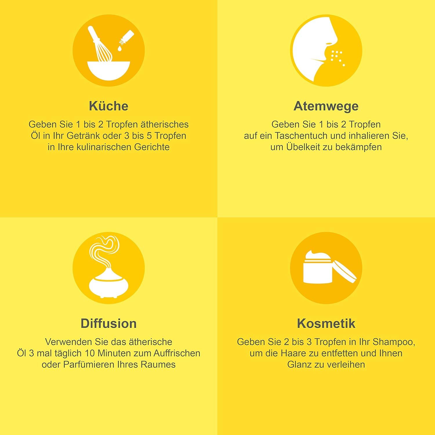 Quattro cerchi gialli con simboli e testo bianchi. Cucina, vie respiratorie, diffusione, cosmetici. Sfondo giallo.