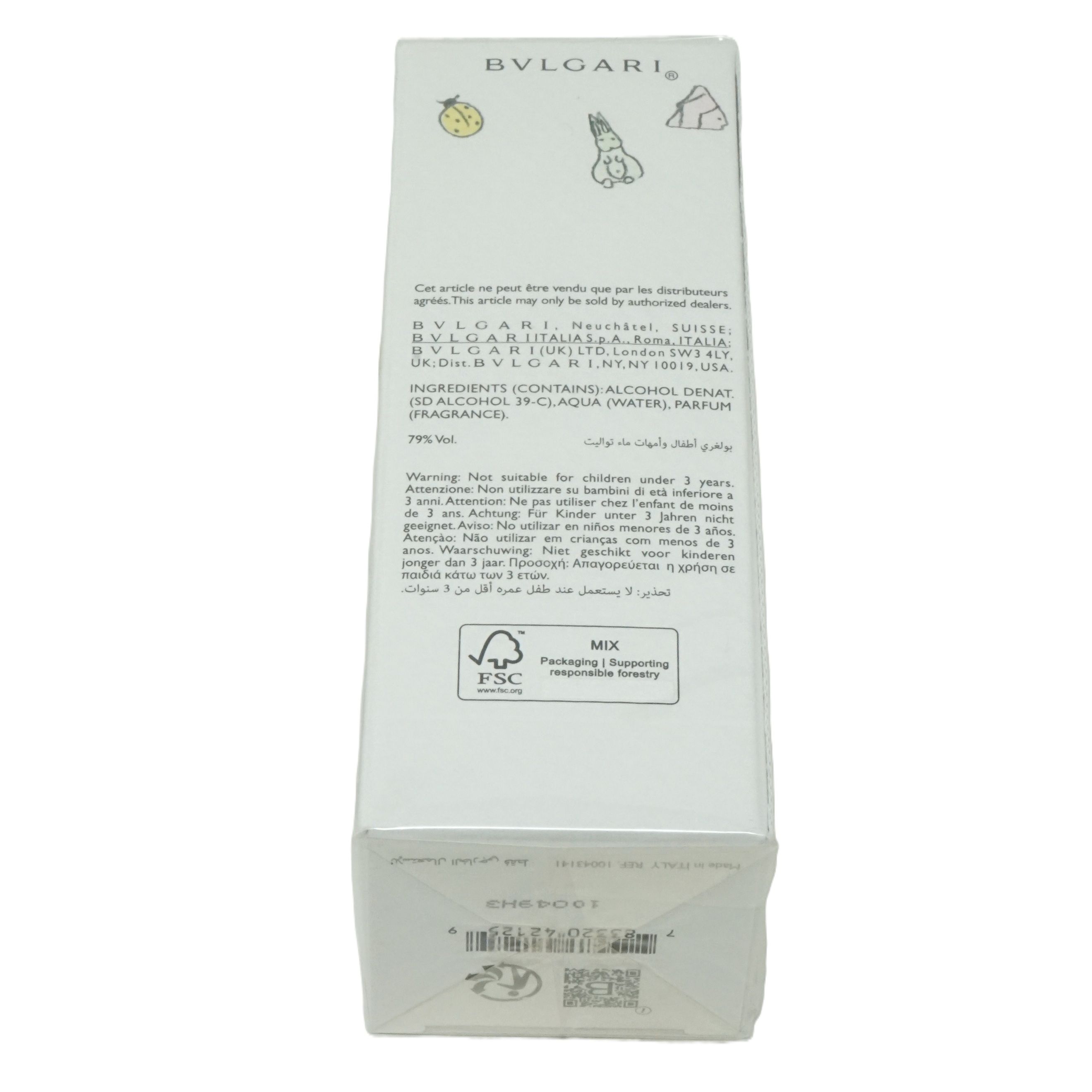 Confezione bianca con stampe e testo. Logo FSC. Testo: Bvlgari, ingredienti, avvertenza. Vista dal basso.
