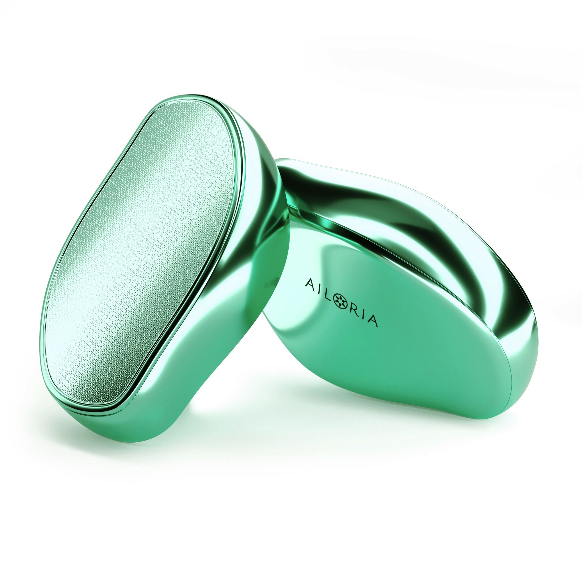 Due dispositivi per pedicure ovali verdi. Logo AILORIA su un dispositivo. Superficie lucida.