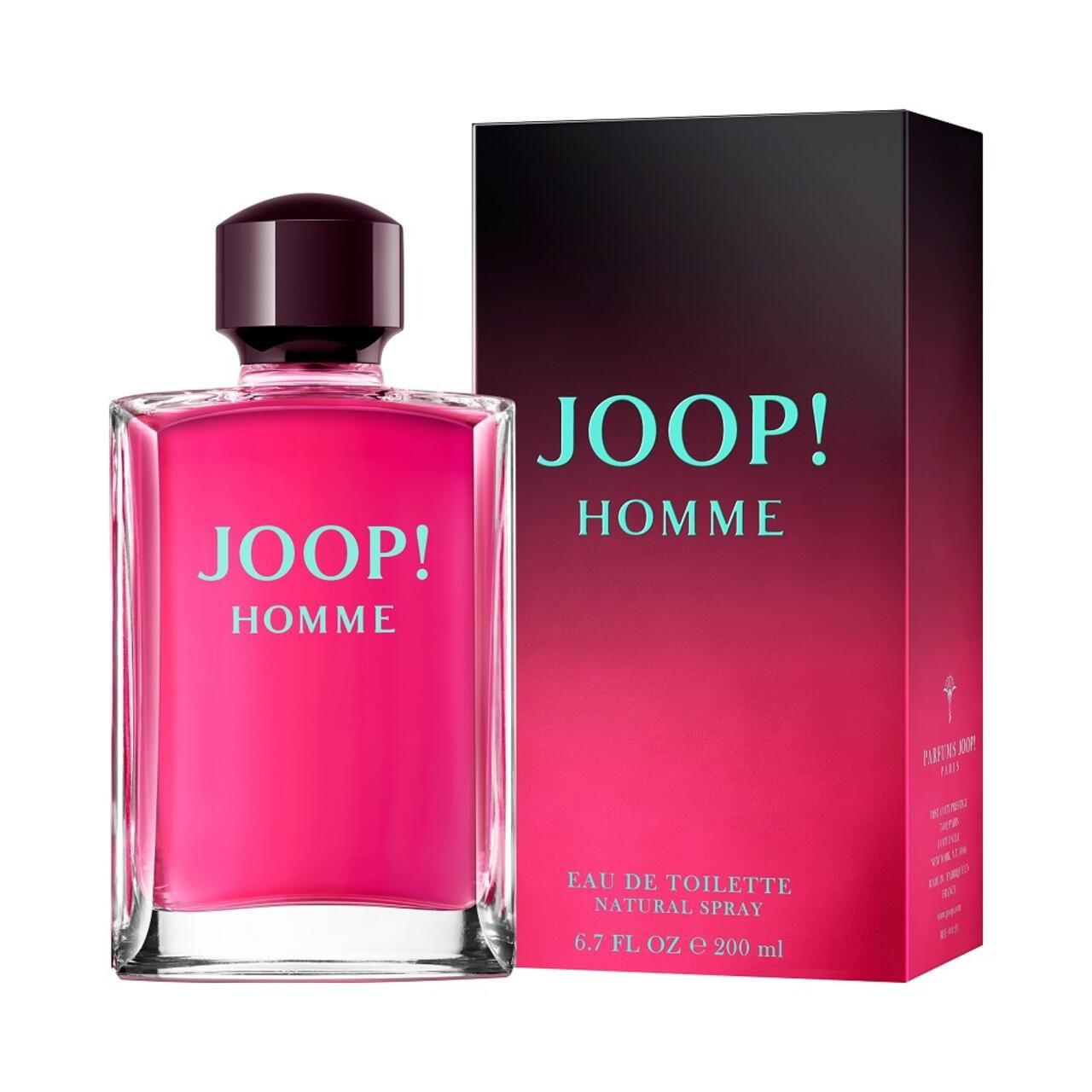 JOOP! HOMME Eau de Toilette in una bottiglia di vetro rettangolare con liquido rosa e tappo scuro. Accanto si trova la confezione abbinata.