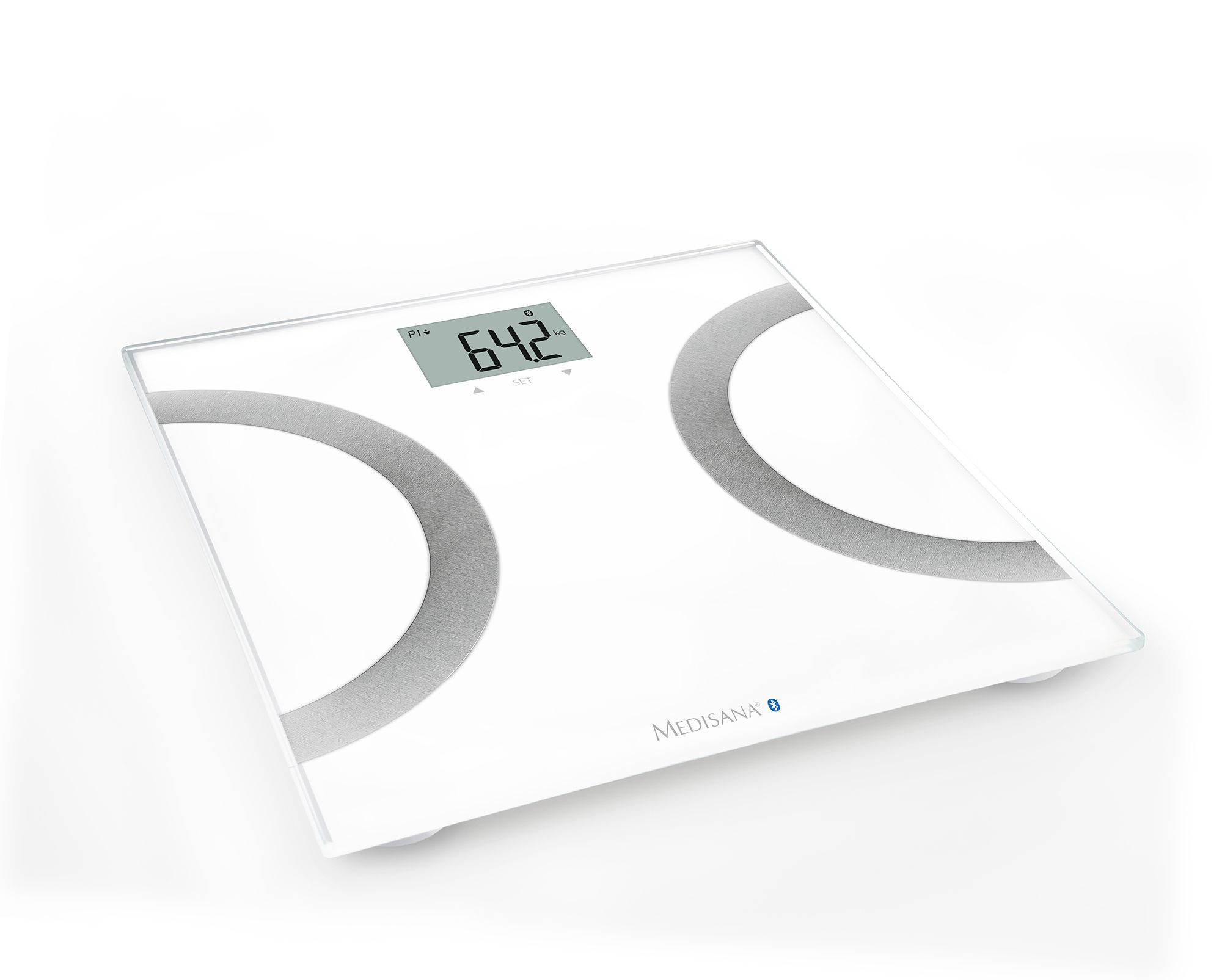 Bilancia per analisi corporea bianca con display digitale. Mostra 64,2 kg. Elementi grigi a forma di semicerchio. Marchio: Medisana.