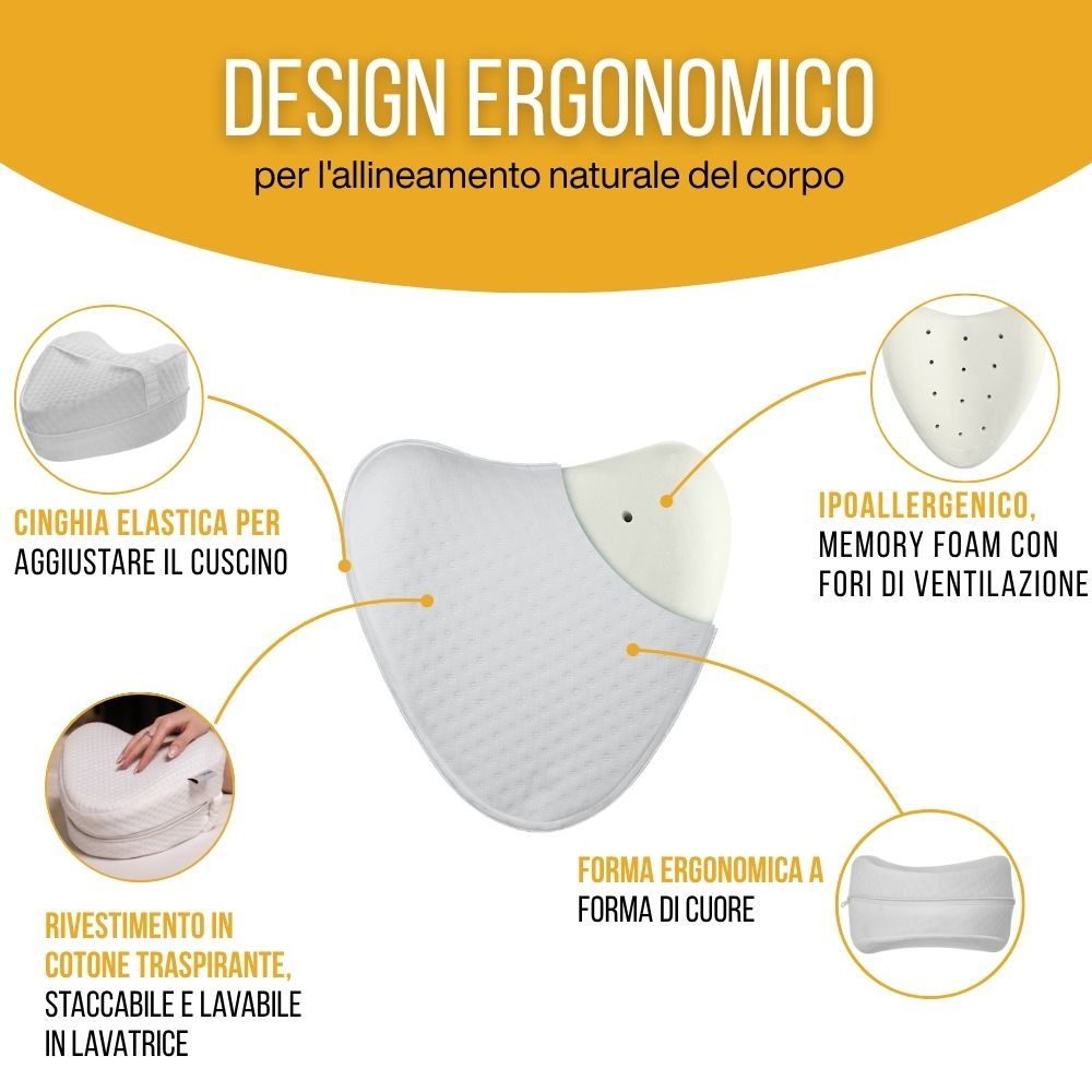 Cuscino ergonomico a forma di cuore. Diagramma con caratteristiche: memory foam, rivestimento traspirante, cinturino elastico.