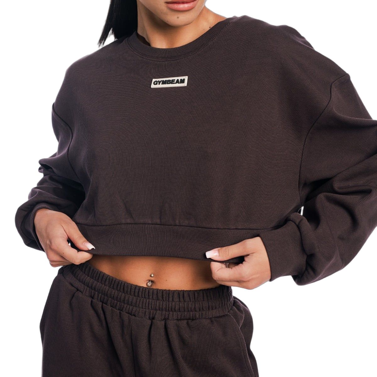 GymBeam Felpa donna cropped Aura marrone senza cappuccio a maniche lunghe