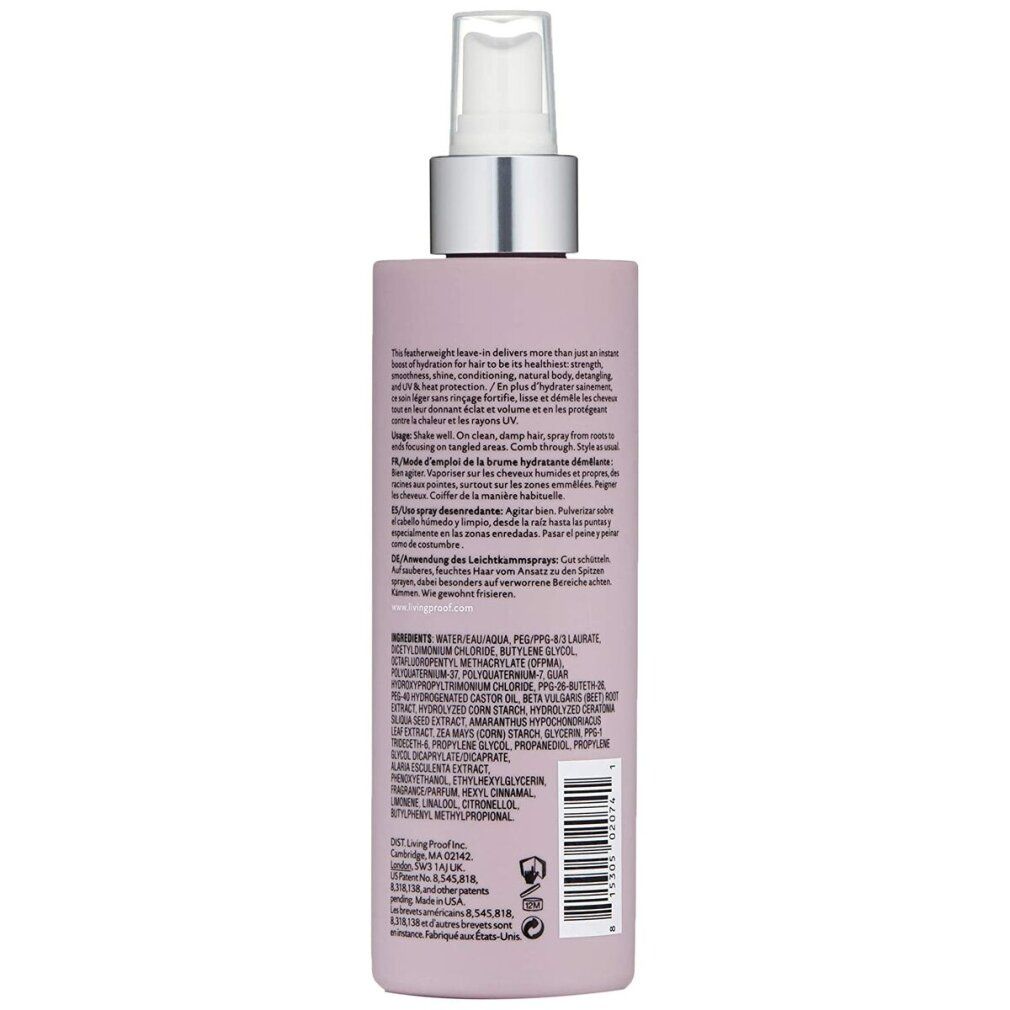 Retro di un flacone spray. Testo multilingue. Colore: Lilla. Contiene ingredienti e istruzioni.