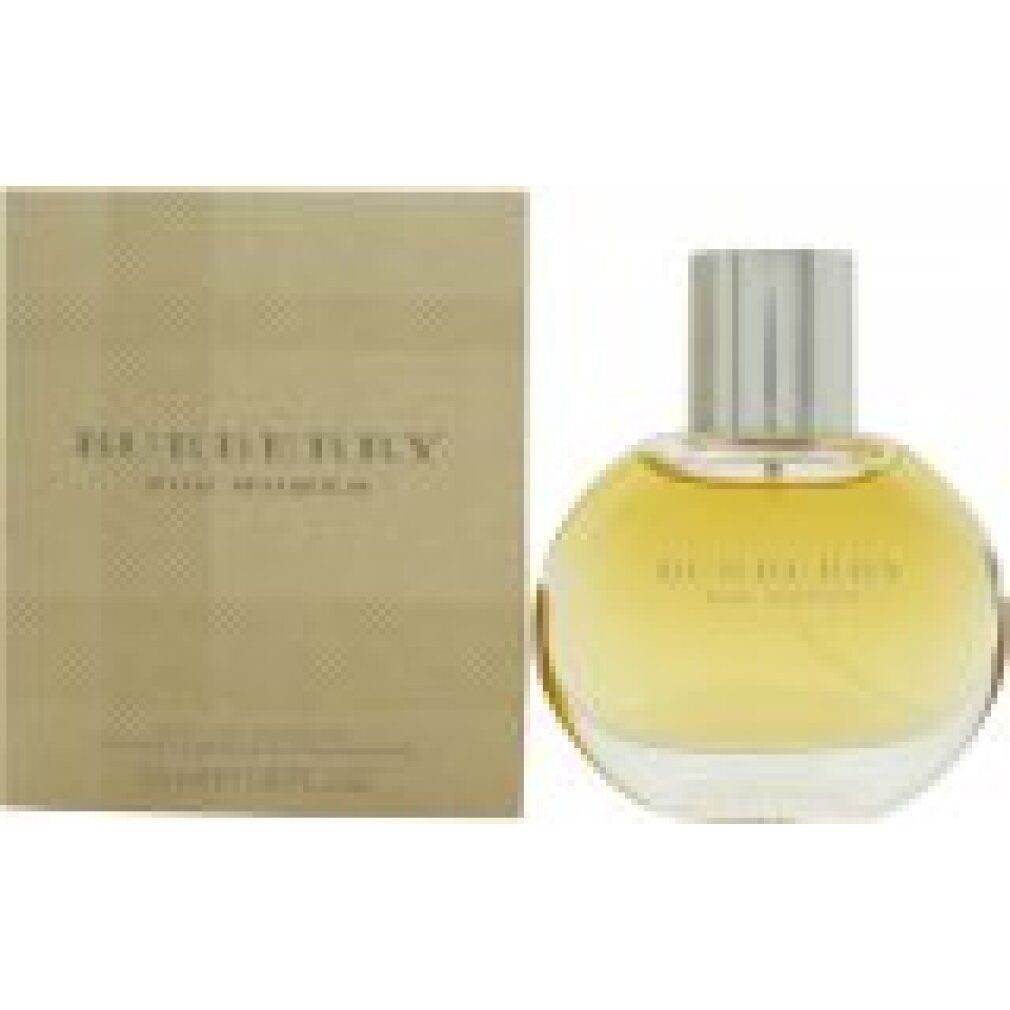 Burberry for Women Eau de Parfum Spray. Flacone e confezione. Flacone rotondo, liquido dorato.